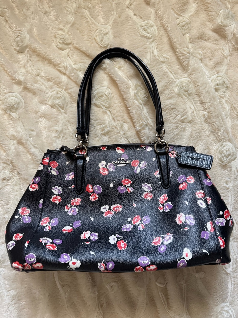Coach Black Floral Satchel with Red and Purple Accents